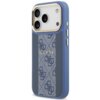 Niebieskie etui na telefon z wyraźnym wzorem i logo "GUESS" na środku, posiada trzy otwory na aparaty oraz przyciski boczne. Wzór składa się z powtarzających się motywów 4G na teksturowanym tle.