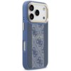 Niebieskie etui na telefon z wzorem w logo "4G" i napisem "GUESS" na środku, przeznaczone do Apple iPhone 17 Pro, z funkcją MagSafe. Etui ma wycięcia na przyciski i aparat oraz złotą ramkę wokół obiektywów.