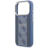Niebieskie etui na telefon z wycięciem na aparat, ozdobione wzorem w logo "4G" oraz napisem "GUESS" na środku. Etui posiada metaliczne wykończenie wokół wycięcia i boczne przyciski.