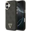 Czarno-złote etui na telefon z widocznym wzorem i trójkątnym logo z napisem "GUESS U.S.A." oraz znakiem zapytania. Etui jest dopasowane do modelu telefonu z dwoma aparatami i posiada wycięcia na przyciski.