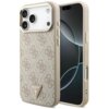 Etui na telefon w kolorze różowo-złotym z wzorem 4G i trójkątnym logo GUESS na dole. Etui jest dopasowane do modelu iPhone, z widocznymi wycięciami na aparat i przyciski.