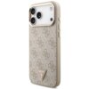 Etui w kolorze różowo-złotym z wzorem 4G i trójkątnym logo GUESS na dole, przeznaczone do Apple iPhone 17 Pro Max, posiada wycięcia na aparat i przyciski. Na trójkątnym logo widnieje napis "GUESS USA" oraz znak zapytania.
