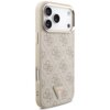 Etui na telefon w kolorze różowo-złotym z wzorem 4G i trójkątnym logo GUESS na dole. Etui posiada wycięcia na aparat i przyciski, a jego powierzchnia ma teksturę z powtarzającym się motywem.