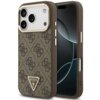 Brązowo-złote etui na telefon z wzorem 4G i trójkątnym logo "GUESS U.S.A." na dole. Etui jest dopasowane do modelu Apple iPhone 17 Pro Max i posiada wycięcia na aparat oraz przyciski.
