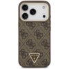 Brązowo-złote etui na telefon z wzorem 4G i trójkątnym logo GUESS U.S.A. na dole. Etui posiada wycięcia na trzy obiektywy aparatu i inne elementy telefonu.