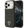 Czarno-złote etui na telefon z widocznym wzorem i trójkątnym logo z napisem "GUESS U.S.A." oraz znakiem zapytania. Etui jest dopasowane do modelu telefonu z trzema aparatami i wycięciem na ekran.