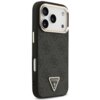Czarno-złote etui na telefon z widocznym wzorem i trójkątnym logo z napisem "GUESS U.S.A." oraz znakiem zapytania. Etui posiada wycięcia na aparat i przyciski boczne.