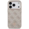Etui na telefon w kolorze różowo-złotym z wzorem 4G i trójkątnym logo GUESS na dole. W górnej części widoczne są trzy otwory na aparaty oraz jeden na lampę błyskową.