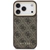 Brązowe etui na telefon z wzorem 4G i logo "GUESS" na dole, zaprojektowane dla Apple iPhone 17 Pro, z trzema widocznymi obiektywami aparatu.