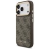 Brązowe etui na telefon z wzorem 4G i napisem "GUESS" na dole, zaprojektowane dla Apple iPhone 17 Pro, z trzema otworami na aparaty i przyciskami bocznymi. Produkt ma eleganckie wykończenie z elementami w kolorze złotym.