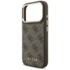 Brązowe etui do telefonu z wzorem 4G i napisem "GUESS" na dole, posiada wycięcie na aparat oraz przyciski boczne. Krawędzie etui są wzmocnione, a wnętrze wykończone jest złotym akcentem.