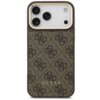 Brązowe etui na telefon z wzorem 4G i napisem "GUESS" na dole, zaprojektowane dla Apple iPhone 17 Pro Max, z trzema widocznymi otworami na aparaty. Produkt posiada funkcję MagSafe.