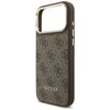 Brązowe etui na telefon z wzorem 4G i logo "GUESS" na dole, posiada wycięcie na aparat oraz przyciski boczne. Krawędzie etui są gładkie, a wycięcie na aparat jest obramowane złotym kolorem.