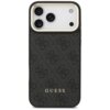 Czarne etui na telefon z wzorem 4G i napisem "GUESS" w dolnej części. Etui jest przeznaczone do modelu Apple iPhone 17 Pro Max i posiada wycięcia na aparat oraz inne elementy telefonu.