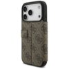 Brązowe etui do telefonu z wzorem w ciemne, symetryczne logo, posiada wycięcia na aparat i przyciski. Produkt ma teksturę przypominającą tkaninę i jest przeznaczony do modelu Apple iPhone 17 Pro.