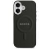 Czarne etui na telefon z teksturą, z centralnie umieszczonym napisem "GUESS" oraz widocznym okrągłym wzorem MagSafe. W górnej części etui znajduje się wycięcie na aparat z dwoma obiektywami i lampą błyskową.