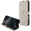 Etui w kolorze różowym z wzorem 4G i metalowym logo, przeznaczone do Apple iPhone 17 Pro Max, z widocznym napisem "GUESS" na dolnej części. Etui jest otwarte, prezentując ekran telefonu oraz wewnętrzną stronę z miejscem na telefon.