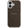 Brązowe etui na telefon z widocznym logo "GUESS" na środku, posiada okrągłe wycięcie na aparat oraz delikatną teksturę na powierzchni.