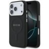 Czarne etui na telefon z widocznym logo "GUESS" na tylnej części, zaprojektowane z myślą o technologii MagSafe. Etui jest dopasowane do modelu Apple iPhone 17 Pro i posiada wycięcia na przyciski oraz aparat.
