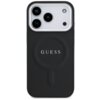 Czarne etui na telefon z widocznym logo "GUESS" na środku, posiada wycięcia na trzy obiektywy aparatu i lampę błyskową. Etui ma teksturę i jest przystosowane do technologii MagSafe.