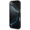 Czarne etui na telefon z widocznymi przyciskami bocznymi, przeznaczone dla modelu Apple iPhone 17 Pro, z delikatnym połyskiem na powierzchni. Na ekranie telefonu widoczny jest abstrakcyjny wzór z ciemnymi okręgami.
