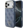 Niebiesko-złote etui na telefon z wzorem w logo i trójkątną plakietką z napisem "GUESS U.S.A." na dole. Etui jest dopasowane do telefonu z trzema widocznymi obiektywami aparatu.
