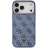 Niebiesko-złote etui na telefon z wzorem 4G i trójkątnym logo GUESS U.S.A. na dole. Etui posiada wycięcia na aparat i przyciski, a jego powierzchnia jest ozdobiona powtarzającym się motywem.