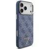 Niebiesko-złote etui na telefon z wzorem 4G i trójkątnym logo "GUESS U.S.A." na dole. Etui posiada wycięcia na aparat i przyciski, a jego powierzchnia ma teksturę przypominającą tkaninę.