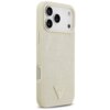 Złote etui na telefon z fakturą przypominającą skórę krokodyla, z trójkątnym logo "GUESS" umieszczonym na dole. Etui posiada wycięcia na trzy obiektywy aparatu oraz dodatkowe otwory na inne elementy telefonu.