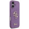 Liliowe etui na telefon z brokatowym wykończeniem, ozdobione metalicznym logo składającym się z liter "G" oraz napisem "Guess" na dole. Etui posiada wycięcia na aparat i przyciski boczne.