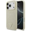 Złote etui na telefon z fakturą przypominającą skórę krokodyla, z trójkątnym logo "GUESS U.S.A" umieszczonym w dolnej części. Etui jest dopasowane do telefonu z trzema widocznymi obiektywami aparatu i przyciskami bocznymi.