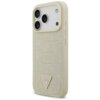 Etui na telefon w kolorze złotym z fakturą przypominającą skórę krokodyla, posiada trójkątne logo z napisem "GUESS U.S.A" oraz symbolem zapytania. Etui jest przeznaczone do modelu iPhone 17 Pro i ma wycięcia na aparat oraz przyciski boczne.