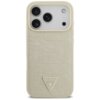 Złote etui na telefon z fakturą przypominającą skórę krokodyla, posiada trójkątne logo z napisem "GUESS U.S.A" i symbolem zapytania. Etui jest przeznaczone do modelu iPhone 17 Pro i ma wycięcia na trzy obiektywy aparatu oraz inne elementy telefonu.