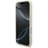 Złote etui na telefon z gładką powierzchnią i wycięciami na przyciski oraz aparat, widoczne na tle ciemnego ekranu z abstrakcyjnym wzorem. Produkt jest przeznaczony do modelu Apple iPhone 17 Pro i posiada funkcję MagSafe.