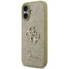 Złote etui na telefon z brokatowym wykończeniem, ozdobione wypukłym logo "Guess" oraz stylizowanym wzorem z literami "4G". Etui posiada wycięcia na aparat i przyciski boczne.