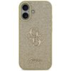 Złote etui na telefon z brokatowym wykończeniem, ozdobione dużym, stylizowanym logo "4G" oraz napisem "Guess" na dole. Etui jest przeznaczone do modelu Apple iPhone 17.