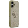 Złote etui na telefon z brokatowym wykończeniem, ozdobione dużym, metalicznym logo "4G" oraz napisem "Guess" na dole. Etui posiada wycięcia na aparat i przyciski boczne.