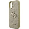 Złote etui na telefon z brokatowym wykończeniem, ozdobione dużym, stylizowanym logo składającym się z liter "G" oraz napisem "Guess" na dole. Etui posiada wycięcia na aparat i przyciski boczne.