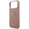 Różowe etui na telefon z brokatowym wykończeniem, ozdobione metalowym logo składającym się z liter "G" i "U" oraz napisem "Guess" na dole. Etui posiada metalową ramkę wokół otworu na aparat.