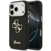 Czarne etui na telefon z metalicznymi elementami, ozdobione złotym logo "Guess" oraz stylizowanym wzorem z liter "G". Etui jest przeznaczone do modelu telefonu z trzema aparatami i posiada wycięcia na przyciski oraz porty.