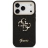 Czarne etui na telefon z metalicznym logo "Guess" oraz ozdobnym wzorem z liter "G" na tylnej części. Etui posiada wycięcia na trzy obiektywy aparatu i lampę błyskową.