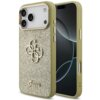 Złote etui na telefon z brokatowym wykończeniem i metalowym logo "4G" oraz napisem "Guess" na dole. Etui jest przeznaczone do modelu Apple iPhone 17 Pro Max i ma wycięcia na przyciski oraz aparat.