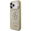 Złote etui na telefon z brokatowym wykończeniem i metalowym logo "4G" oraz napisem "Guess" na dole. Etui ma wycięcia na aparat i przyciski boczne.