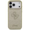 Złote etui na telefon z brokatowym wykończeniem, ozdobione dużym, metalicznym logo składającym się z liter "G" i "S", poniżej znajduje się napis "Guess". W górnej części widoczne są trzy otwory na aparaty oraz dodatkowy otwór na lampę błyskową.