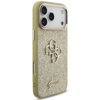 Złote etui na telefon z brokatowym wykończeniem, ozdobione metalowym logo "4G" oraz napisem "Guess" na dole. Etui ma wycięcia na aparat i przyciski, a jego ramka jest w kolorze oliwkowym.