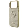Złote etui na telefon z brokatowym wykończeniem i metalową ramką wokół aparatu, ozdobione logo "Guess" oraz stylizowanym wzorem "4G". Na boku etui znajdują się trzy przyciski.