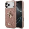 Różowe etui na telefon z brokatowym wykończeniem, ozdobione złotym logo "4G" oraz napisem "Guess" na dole. Etui jest przeznaczone do modelu Apple iPhone 17 Pro i posiada wycięcia na aparat oraz przyciski.
