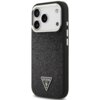 Czarne etui na telefon z teksturą, posiadające trójkątne logo z napisem "GUESS U.S.A." na dole. Etui jest dopasowane do telefonu z trzema widocznymi obiektywami aparatu.