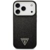 Czarne etui na telefon z teksturą, posiadające wycięcie na aparat z trzema obiektywami i lampą błyskową. Na dole etui znajduje się trójkątne logo z napisem "GUESS U.S.A.".