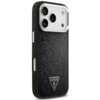Czarne etui na telefon z teksturą, posiadające wycięcia na przyciski i aparat, z trójkątnym logo "GUESS U.S.A." na dole. Etui jest przeznaczone do modelu Apple iPhone 17 Pro i obsługuje technologię MagSafe.